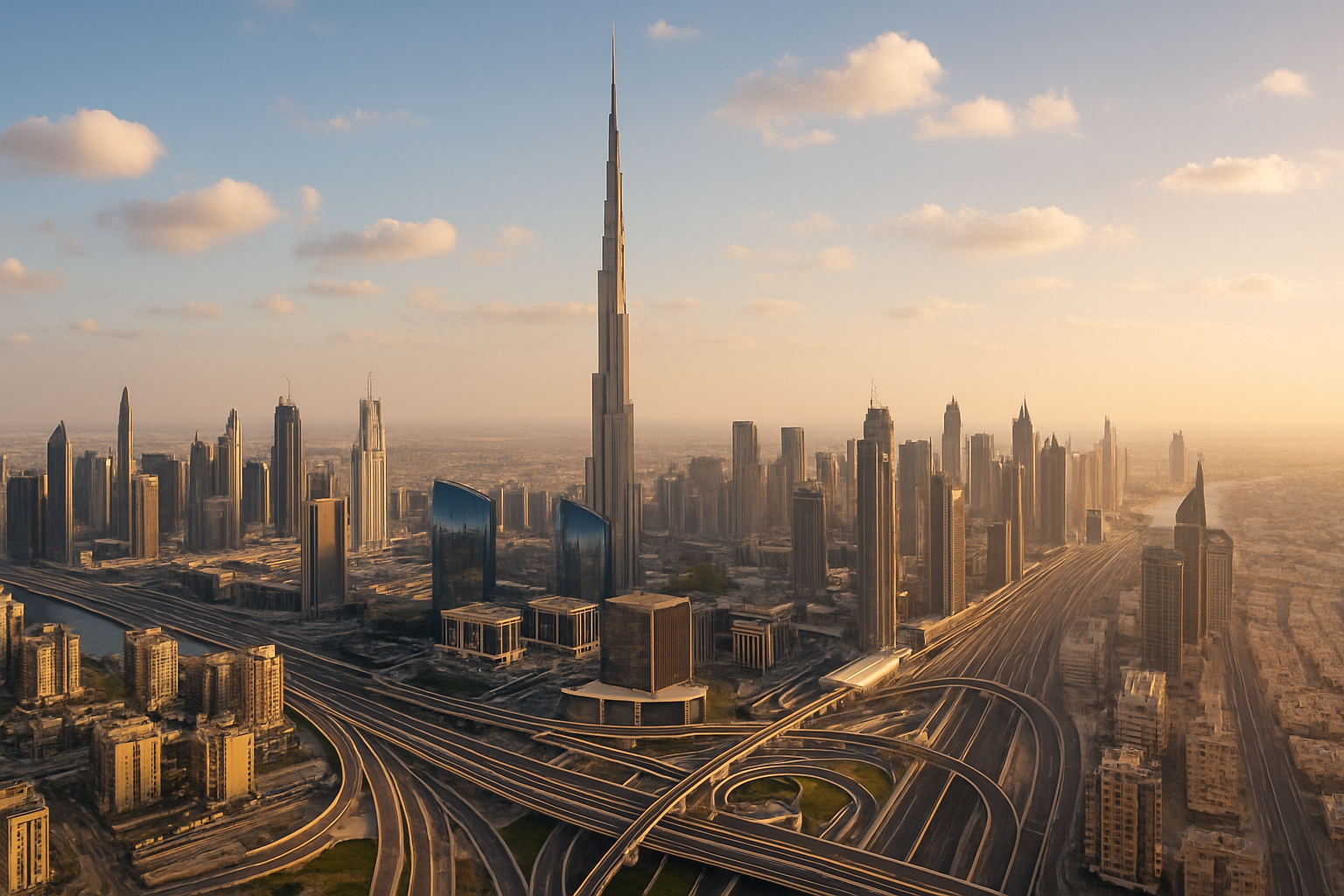 A panoramic view of Dubai skyline featuring the Burj Khalifa