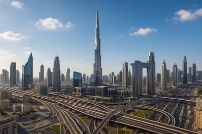 A panoramic view of Dubai's skyline featuring the Burj Khalifa and bustling city life.