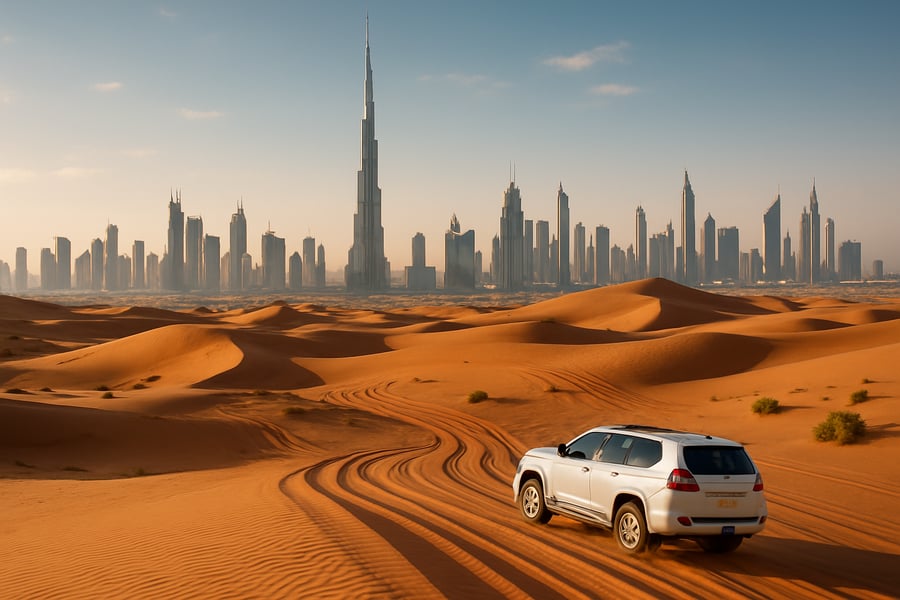 Dubai city skyline with Burj Khalifa and desert adventure