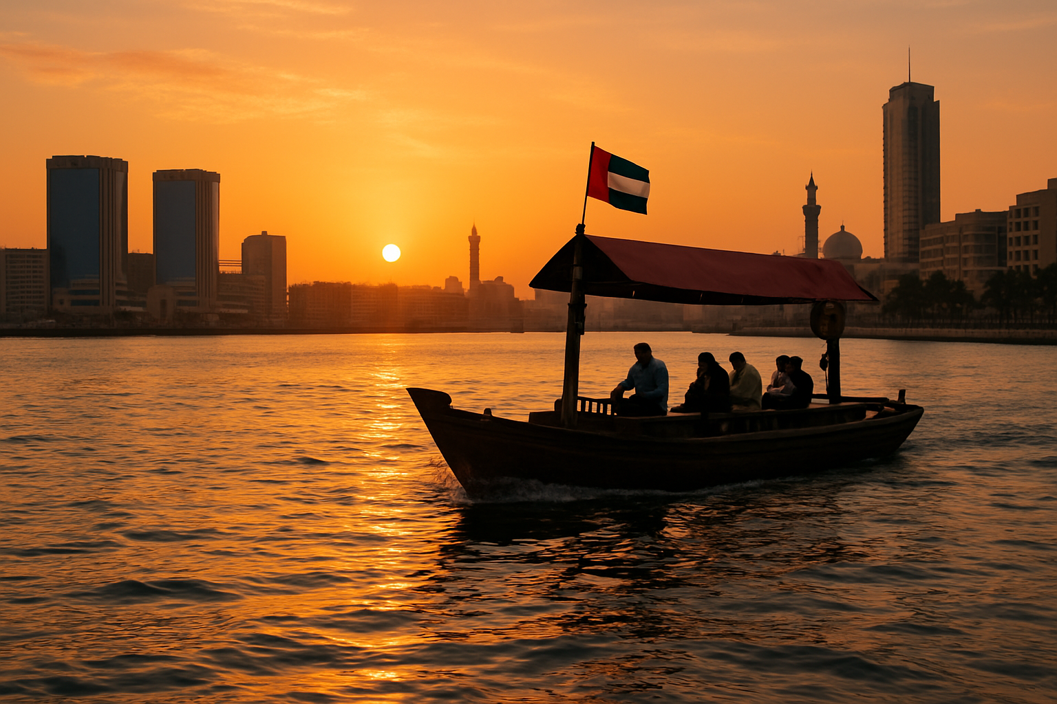 Traditional abra boat ride along Dubai Creek at sunset